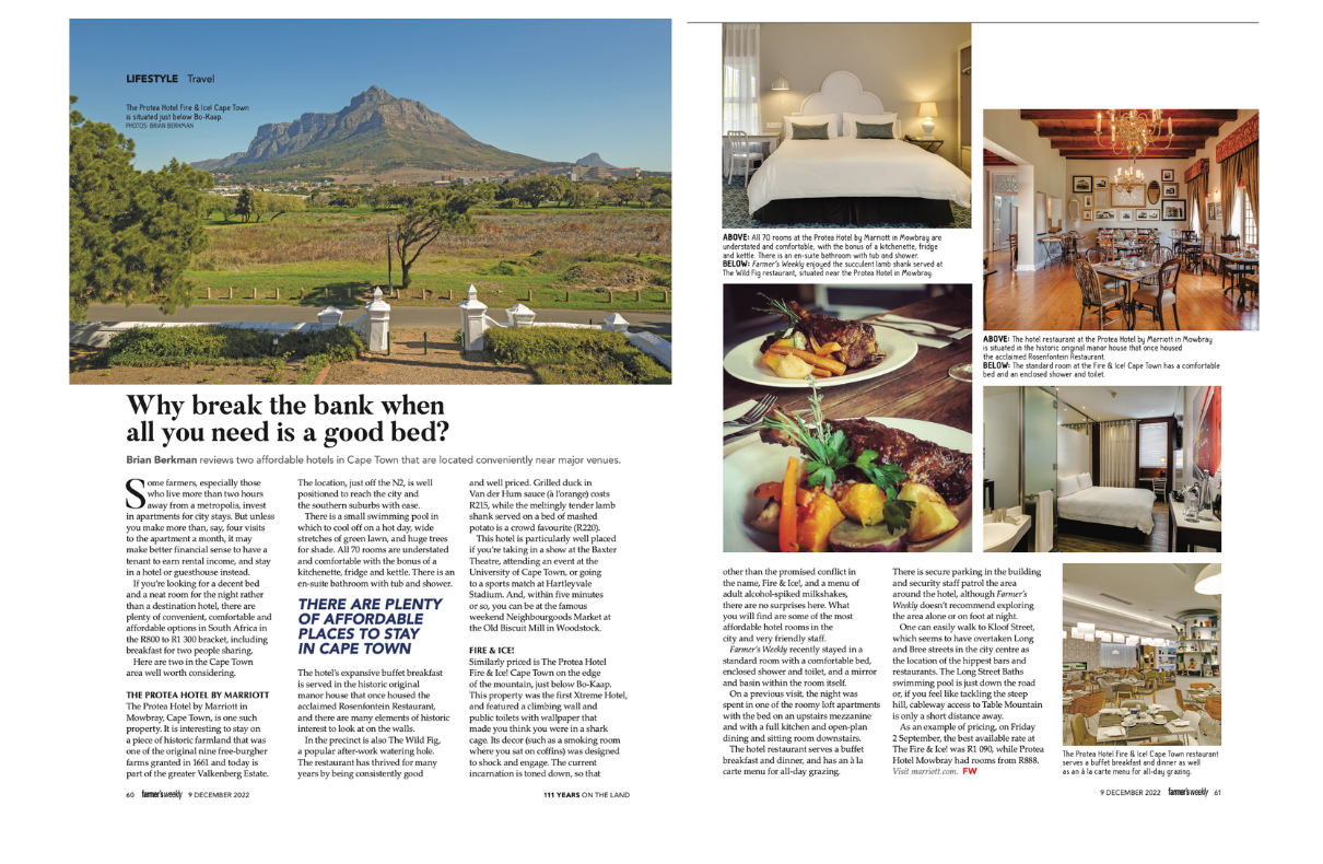Protea Hotels Fire & Ice and Mowbray as published in Farmer’s Weekly Magazine, December 9, 2022.