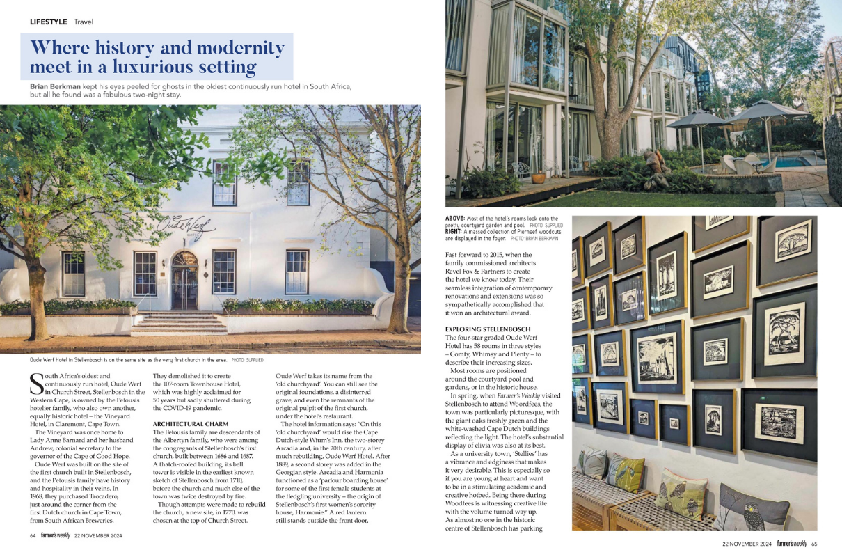 Oude Werf Hotel in Stellenbosch as published in Farmer’s Weekly magazine, Nov 22, 2024