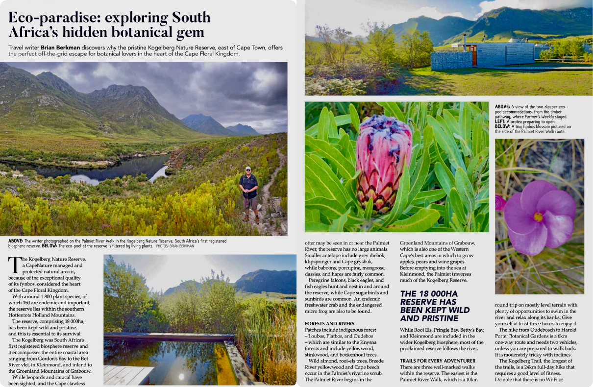 Cape Nature’s Kogelberg stay as published in Farmer’s Weekly magazine.