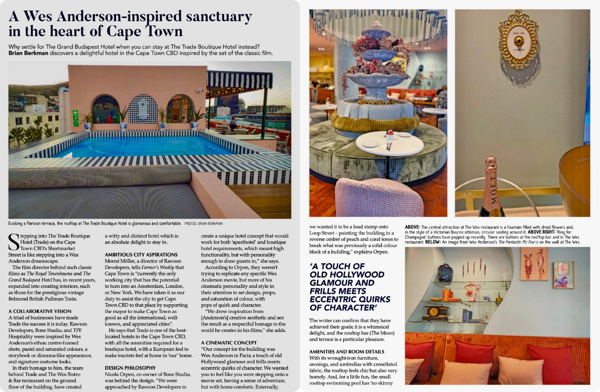 The Trade Hotel, Cape Town, as featured in Farmer’s Weekly magazine.