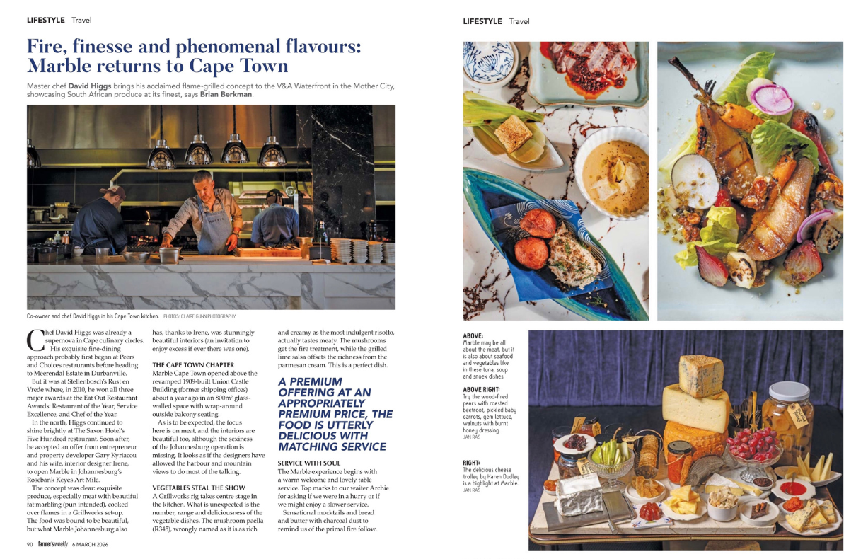 Marble Restaurant Cape Town as published in Farmer’s Weekly March, 2026